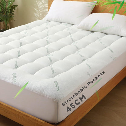 800GSM Mattress Topper Viscose Derived from Bamboo, Thick Pillowtop Fitted Mattress Cover with 45cm Deep Skirt - Machine Washable Hypoallergenic（Single,Green）