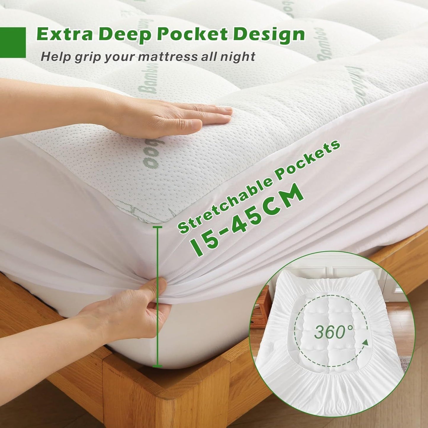 800GSM Mattress Topper Viscose Derived from Bamboo, Thick Pillowtop Fitted Mattress Cover with 45cm Deep Skirt - Machine Washable Hypoallergenic（Single,Green）