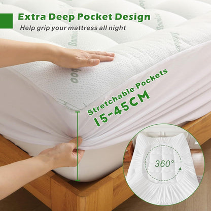 800GSM Mattress Topper Viscose Derived from Bamboo, Thick Pillowtop Fitted Mattress Cover with 45cm Deep Skirt - Machine Washable Hypoallergenic（Single,Green）