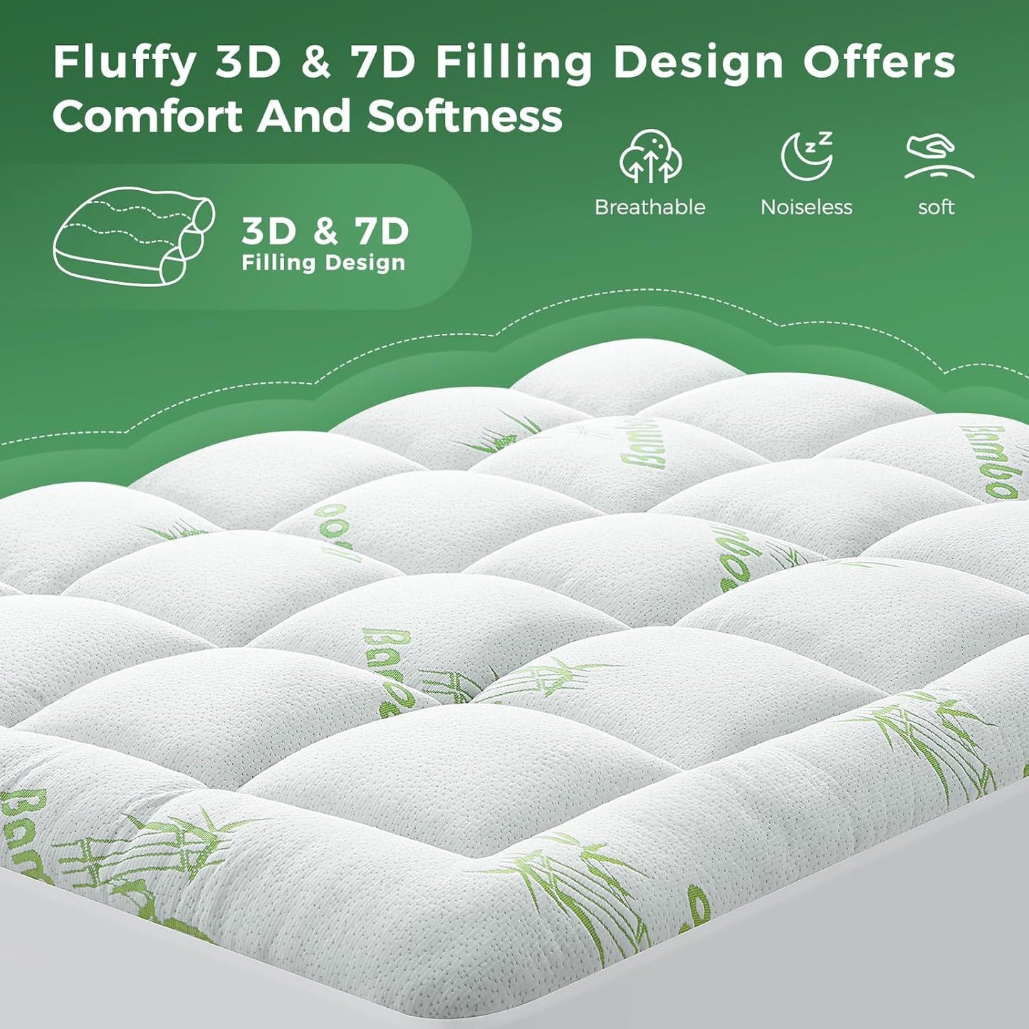 800GSM Mattress Topper Viscose Derived from Bamboo, Thick Pillowtop Fitted Mattress Cover with 45cm Deep Skirt - Machine Washable Hypoallergenic（Single,Green）