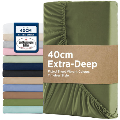 2000TC Hotel Quality Fitted Sheets - 2 Piece Fitted Sheets  -Breathable Bedding - Wrinkle, Fade, Stain Resistant- 16inch/40cm Deep Pocket Fitted Bed Sheets-Wrinkle and Fade Resistant,(Olive green,Double)