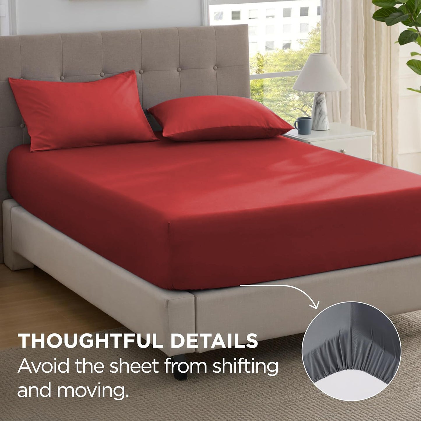 2000TC Hotel Quality Fitted Sheets - 2 Piece Fitted Sheets  -Breathable Bedding - Wrinkle, Fade, Stain Resistant- 16inch/40cm Deep Pocket Fitted Bed Sheets-Wrinkle and Fade Resistant,(Red,King Single)