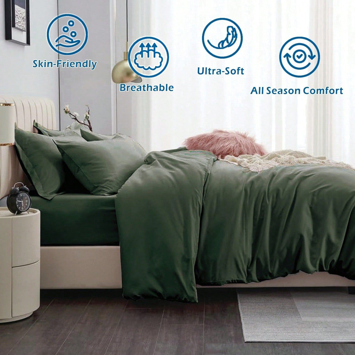 Hotel Soft Microfiber Duvet Cover Set-2000TC Quilt Cover Set & Pillowcases -1 Donna Cover Zipper Closure & 1 x Pillowcases-Breathable Bedding - Wrinkle, Fade, Stain Resistant(Olive green,Double)