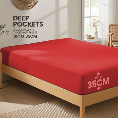 Hotel Quality Fitted Sheet - 1 Piece Fitted Sheet  -Breathable Bedding - Wrinkle, Fade, Stain Resistant- 16inch/40cm Deep Pocket Fitted Bed Sheet-Wrinkle and Fade Resistant,(Red,King)