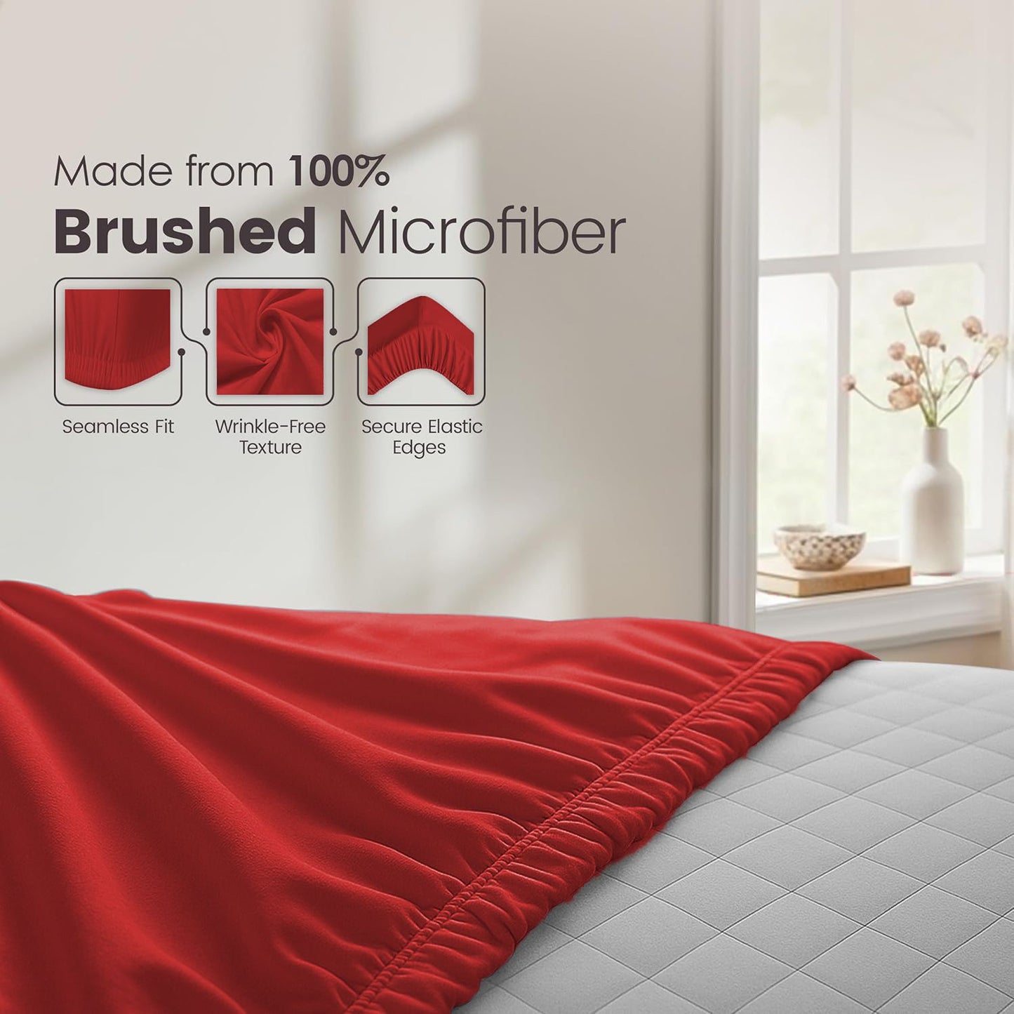 Hotel Quality Fitted Sheet - 1 Piece Fitted Sheet  -Breathable Bedding - Wrinkle, Fade, Stain Resistant- 16inch/40cm Deep Pocket Fitted Bed Sheet-Wrinkle and Fade Resistant,(Red,King)