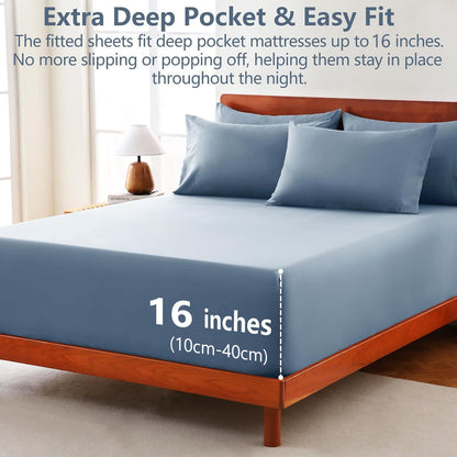 Hotel Soft Bed Sheet Set- Bedding Sheets & Pillowcases -Breathable Bedding - Wrinkle, Fade, Stain Resistant-Deep Pocket Flat Fitted Bed Sheet Set(Ocean,King Single)