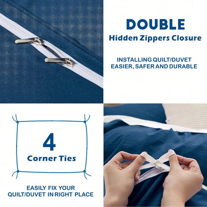 Hotel Soft Microfiber Duvet Cover Set-2000TC Quilt Cover Set & Pillowcases -1 Donna Cover Zipper Closure & 1 x Pillowcases-Breathable Bedding - Wrinkle, Fade, Stain Resistant(Navy,Queen)