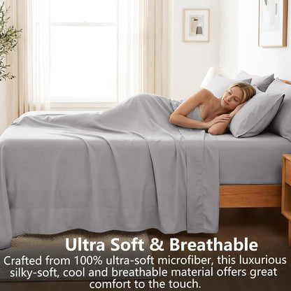 Hotel Soft Bed Sheet Set- Bedding Sheets & Pillowcases -Breathable Bedding - Wrinkle, Fade, Stain Resistant-Deep Pocket Flat Fitted Bed Sheet Set(Silver-gray,Queen)