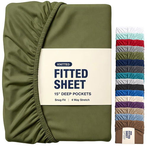 Hotel Quality Fitted Sheet - 1 Piece Fitted Sheet  -Breathable Bedding - Wrinkle, Fade, Stain Resistant- 16inch/40cm Deep Pocket Fitted Bed Sheet-Wrinkle and Fade Resistant,(Olive green,Queen)