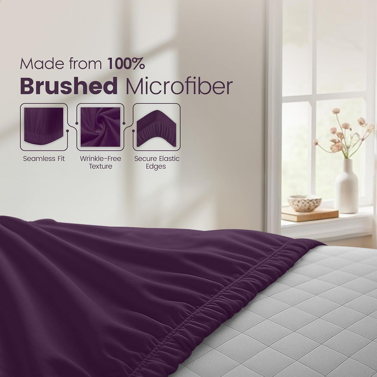 Hotel Quality Fitted Sheet - 1 Piece Fitted Sheet  -Breathable Bedding - Wrinkle, Fade, Stain Resistant- 16inch/40cm Deep Pocket Fitted Bed Sheet-Wrinkle and Fade Resistant,(Purple,Queen)