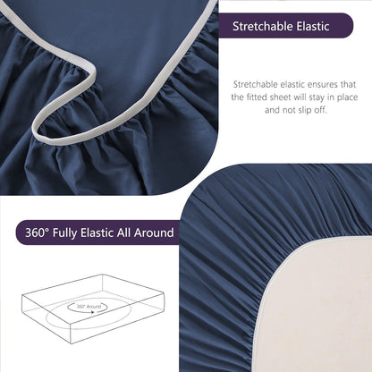 Hotel Soft Bed Sheet Set- Bedding Sheets & Pillowcases -Breathable Bedding - Wrinkle, Fade, Stain Resistant-Deep Pocket Flat Fitted Bed Sheet Set(Navy,Single)