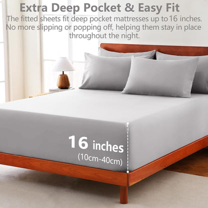 Hotel Soft Bed Sheet Set- Bedding Sheets & Pillowcases -Breathable Bedding - Wrinkle, Fade, Stain Resistant-Deep Pocket Flat Fitted Bed Sheet Set(Silver-gray,Super King)