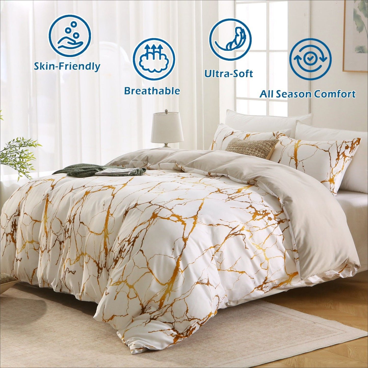3 Piece Hotel Soft Microfiber Quilt Cover Set-2000TC Duvet/Donna Cover Set & Pillowcases -1 Quilt Cover Zipper Closure & 1 x Pillowcases-Breathable Bedding - Wrinkle, Fade, Stain Resistant(Marble Gleam,Double)