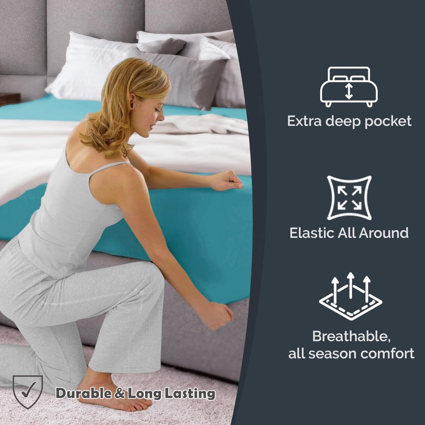 Hotel Quality Fitted Sheet - 1 Piece Fitted Sheet  -Breathable Bedding - Wrinkle, Fade, Stain Resistant- 16inch/40cm Deep Pocket Fitted Bed Sheet-Wrinkle and Fade Resistant,(Ice blue,Double)