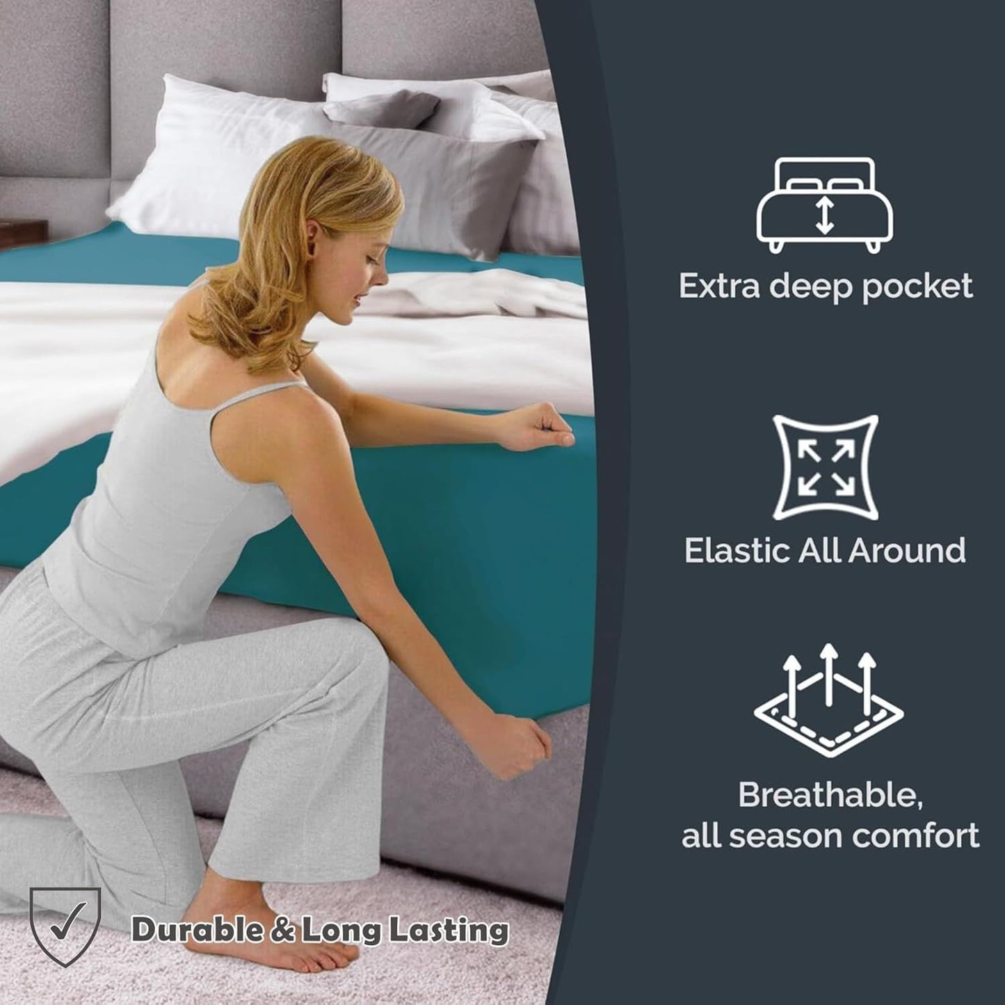 Hotel Quality Fitted Sheet - 1 Piece Fitted Sheet  -Breathable Bedding - Wrinkle, Fade, Stain Resistant- 16inch/40cm Deep Pocket Fitted Bed Sheet-Wrinkle and Fade Resistant,(Biscay blue,King)