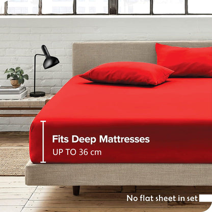 Hotel Quality Fitted Sheet - 1 Piece Fitted Sheet  -Breathable Bedding - Wrinkle, Fade, Stain Resistant- 16inch/40cm Deep Pocket Fitted Bed Sheet-Wrinkle and Fade Resistant,(Red,Queen)