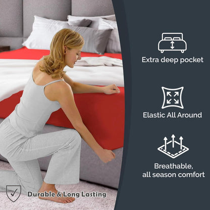 Hotel Quality Fitted Sheet - 1 Piece Fitted Sheet  -Breathable Bedding - Wrinkle, Fade, Stain Resistant- 16inch/40cm Deep Pocket Fitted Bed Sheet-Wrinkle and Fade Resistant,(Red,Queen)