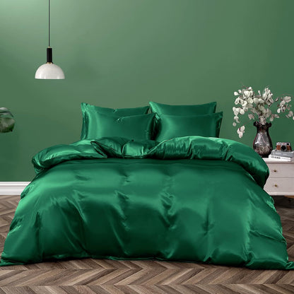 Satin Quilt cover Set Hotel 3 Pieces Quilt cover with Pillowcase, Art Silk Bedding Set-Luxury Soft Silky pillowcase for Hair and Skin, Similar to Silk Duvet/Donna Cover Set- 3 Pieces(Double,Green)