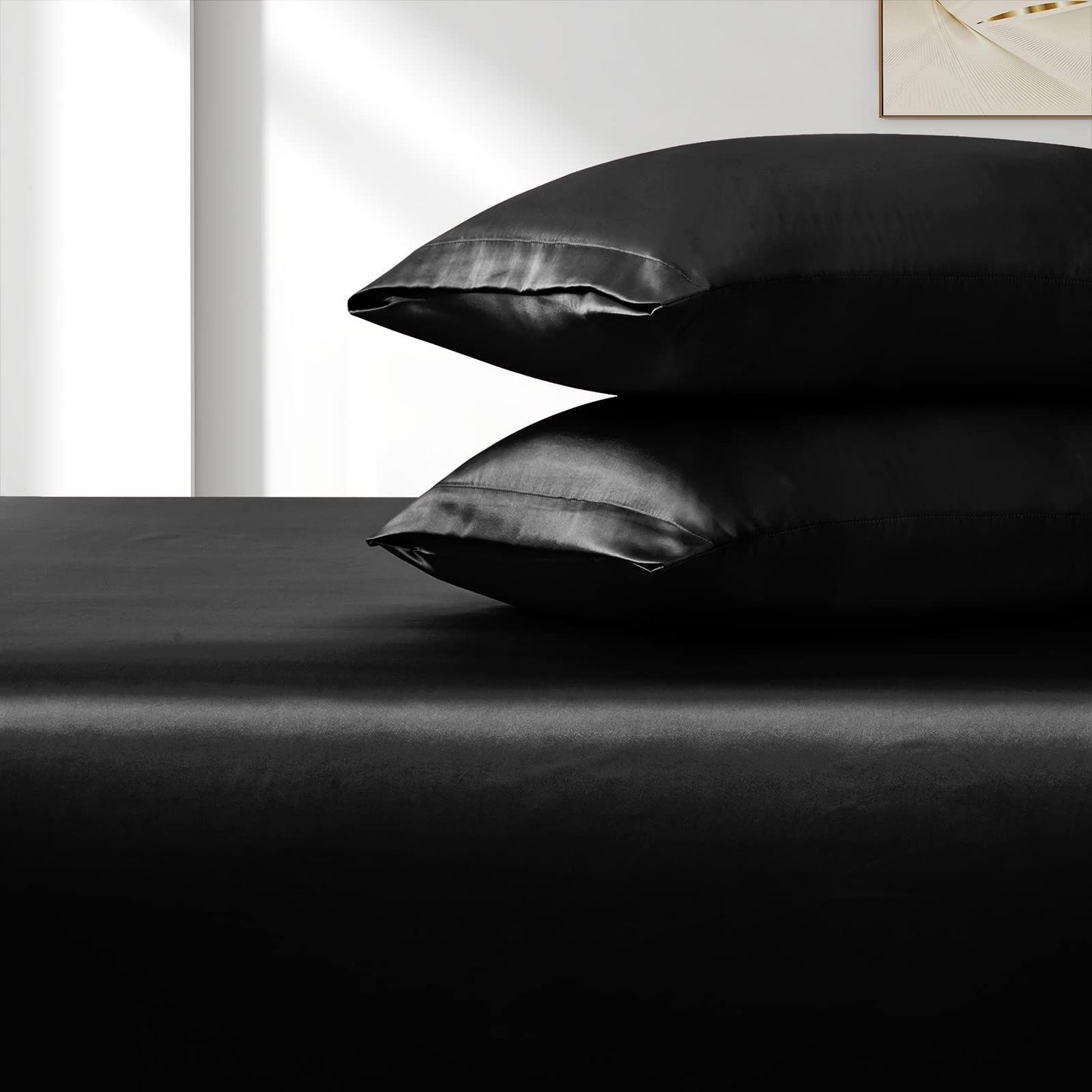Satin Fitted Sheet Set Hotel 3 Pieces Fitted Sheet with Pillowcase, Art Silk Bedding Set-Luxury Soft Silky Sheets for Hair and Skin, Similar to Silk Fitted Sheets Set 3 Pieces(Double,Black)
