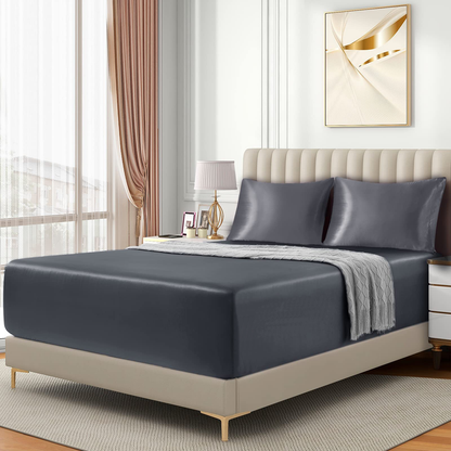 Satin Fitted Sheet Set Hotel 3 Pieces Fitted Sheet with Pillowcase, Art Silk Bedding Set-Luxury Soft Silky Sheets for Hair and Skin, Similar to Silk Fitted Sheets Set 3 Pieces(Double,Grey)