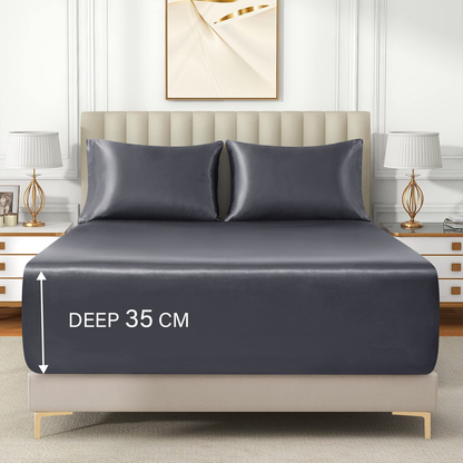 Satin Fitted Sheet Set Hotel 3 Pieces Fitted Sheet with Pillowcase, Art Silk Bedding Set-Luxury Soft Silky Sheets for Hair and Skin, Similar to Silk Fitted Sheets Set 3 Pieces(Double,Grey)