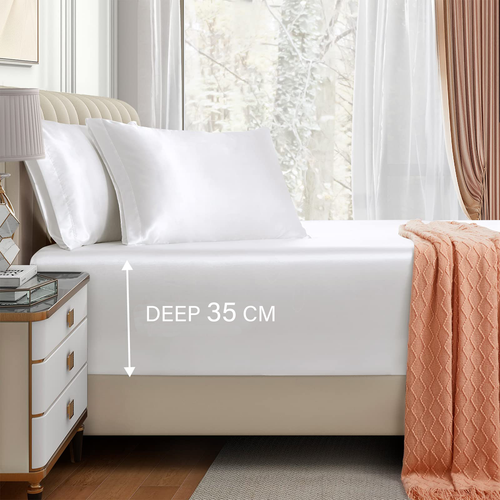 Satin Fitted Sheet Set Hotel 3 Pieces Fitted Sheet with Pillowcase, Art Silk Bedding Set-Luxury Soft Silky Sheets for Hair and Skin, Similar to Silk Fitted Sheets Set 3 Pieces(King,White)