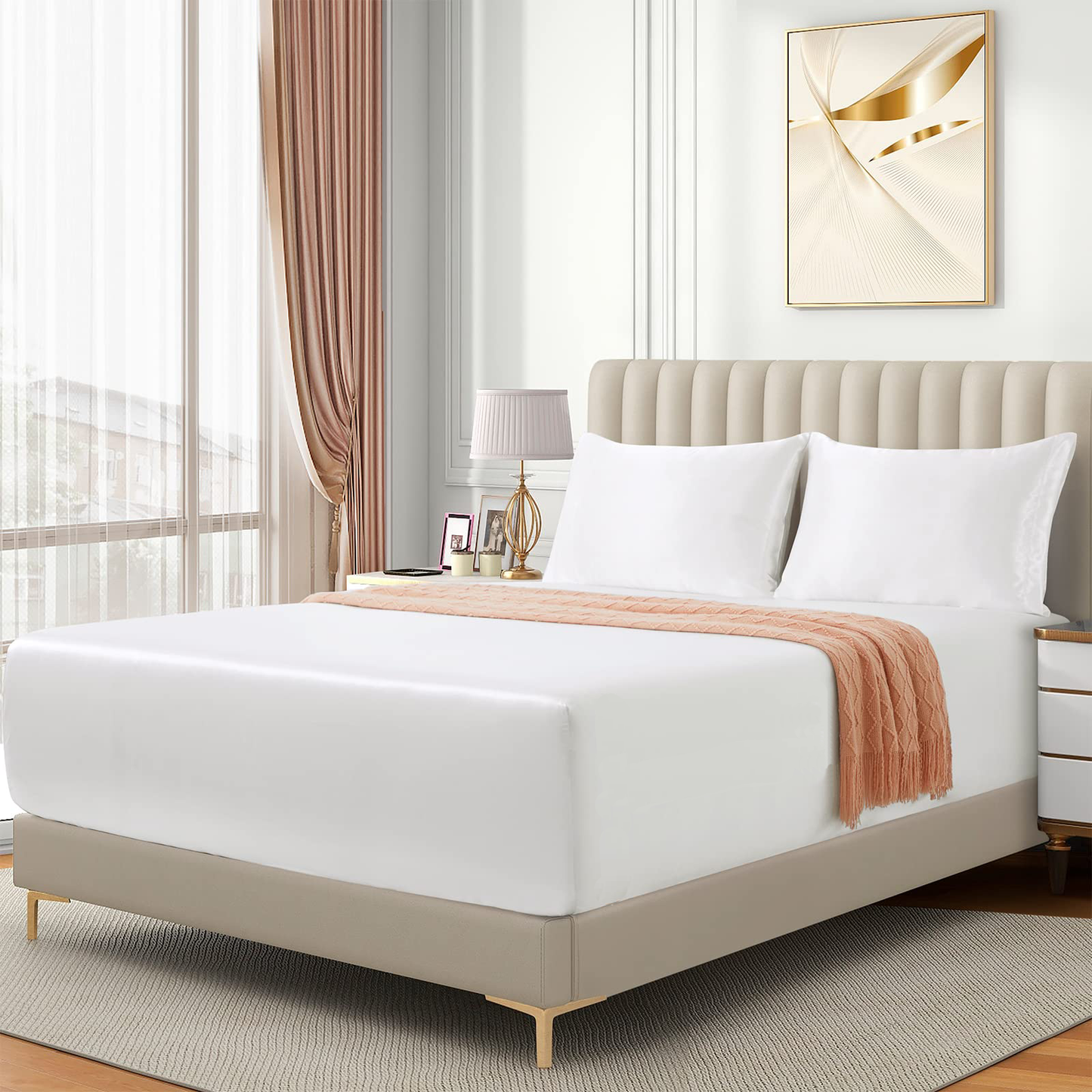 Satin Fitted Sheet Set Hotel 3 Pieces Fitted Sheet with Pillowcase, Art Silk Bedding Set-Luxury Soft Silky Sheets for Hair and Skin, Similar to Silk Fitted Sheets Set 3 Pieces(King,White)