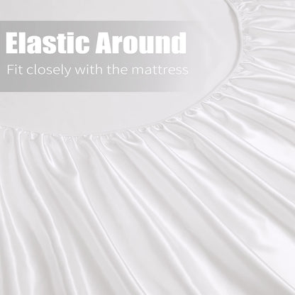 Satin Fitted Sheet Set Hotel 3 Pieces Fitted Sheet with Pillowcase, Art Silk Bedding Set-Luxury Soft Silky Sheets for Hair and Skin, Similar to Silk Fitted Sheets Set 3 Pieces(King,White)