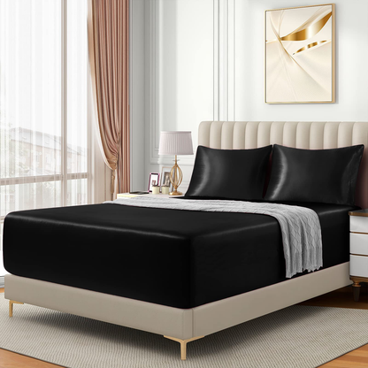 Satin Fitted Sheet Set Hotel 3 Pieces Fitted Sheet with Pillowcase, Art Silk Bedding Set-Luxury Soft Silky Sheets for Hair and Skin, Similar to Silk Fitted Sheets Set 3 Pieces(King,Black)