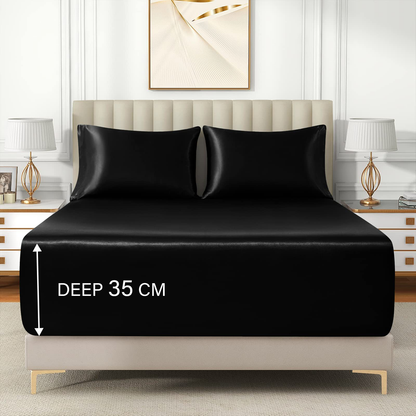 Satin Fitted Sheet Set Hotel 3 Pieces Fitted Sheet with Pillowcase, Art Silk Bedding Set-Luxury Soft Silky Sheets for Hair and Skin, Similar to Silk Fitted Sheets Set 3 Pieces(King,Black)