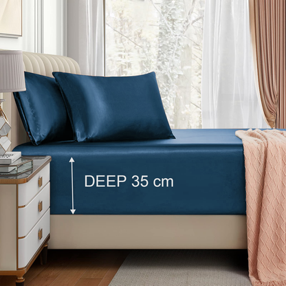 Satin Fitted Sheet Set Hotel 3 Pieces Fitted Sheet with Pillowcase, Art Silk Bedding Set-Luxury Soft Silky Sheets for Hair and Skin, Similar to Silk Fitted Sheets Set 3 Pieces(King,Navy)