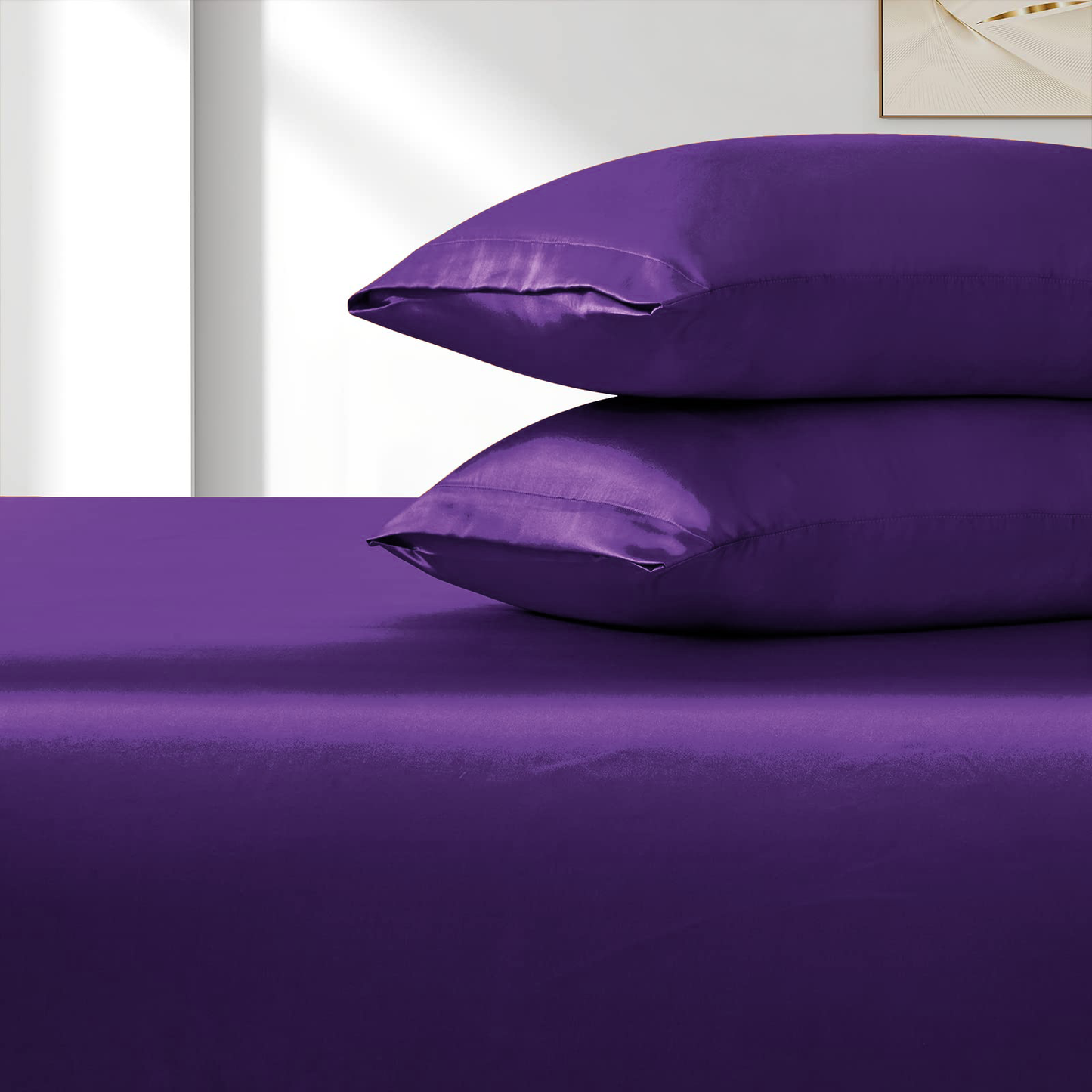 Satin Fitted Sheet Set Hotel 3 Pieces Fitted Sheet with Pillowcase, Art Silk Bedding Set-Luxury Soft Silky Sheets for Hair and Skin, Similar to Silk Fitted Sheets Set 3 Pieces(King,Purple)