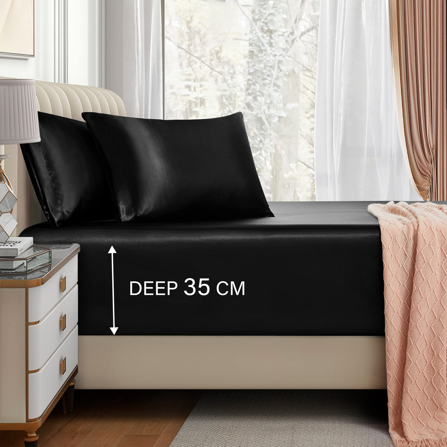 Satin Fitted Sheet Set Hotel 3 Pieces Fitted Sheet with Pillowcase, Art Silk Bedding Set-Luxury Soft Silky Sheets for Hair and Skin, Similar to Silk Fitted Sheets Set 3 Pieces(Queen,Black)