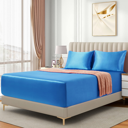 Satin Fitted Sheet Set Hotel 3 Pieces Fitted Sheet with Pillowcase, Art Silk Bedding Set-Luxury Soft Silky Sheets for Hair and Skin, Similar to Silk Fitted Sheets Set 3 Pieces(Queen,Ocean)