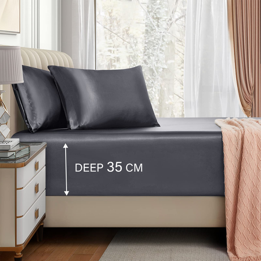 Satin Fitted Sheet Set Hotel 3 Pieces Fitted Sheet with Pillowcase, Art Silk Bedding Set-Luxury Soft Silky Sheets for Hair and Skin, Similar to Silk Fitted Sheets Set 3 Pieces(Queen,Grey)