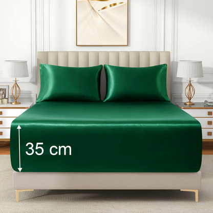 Satin Fitted Sheet Set Hotel 3 Pieces Fitted Sheet with Pillowcase, Art Silk Bedding Set-Luxury Soft Silky Sheets for Hair and Skin, Similar to Silk Fitted Sheets Set 3 Pieces(Queen,Green)