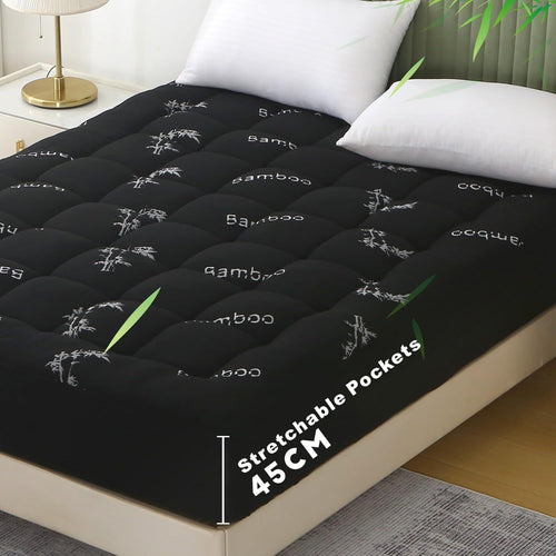 800GSM Mattress Topper Viscose Derived from Bamboo, Thick Pillowtop Fitted Mattress Cover with 45cm Deep Skirt - Machine Washable Hypoallergenic(Double,Black)