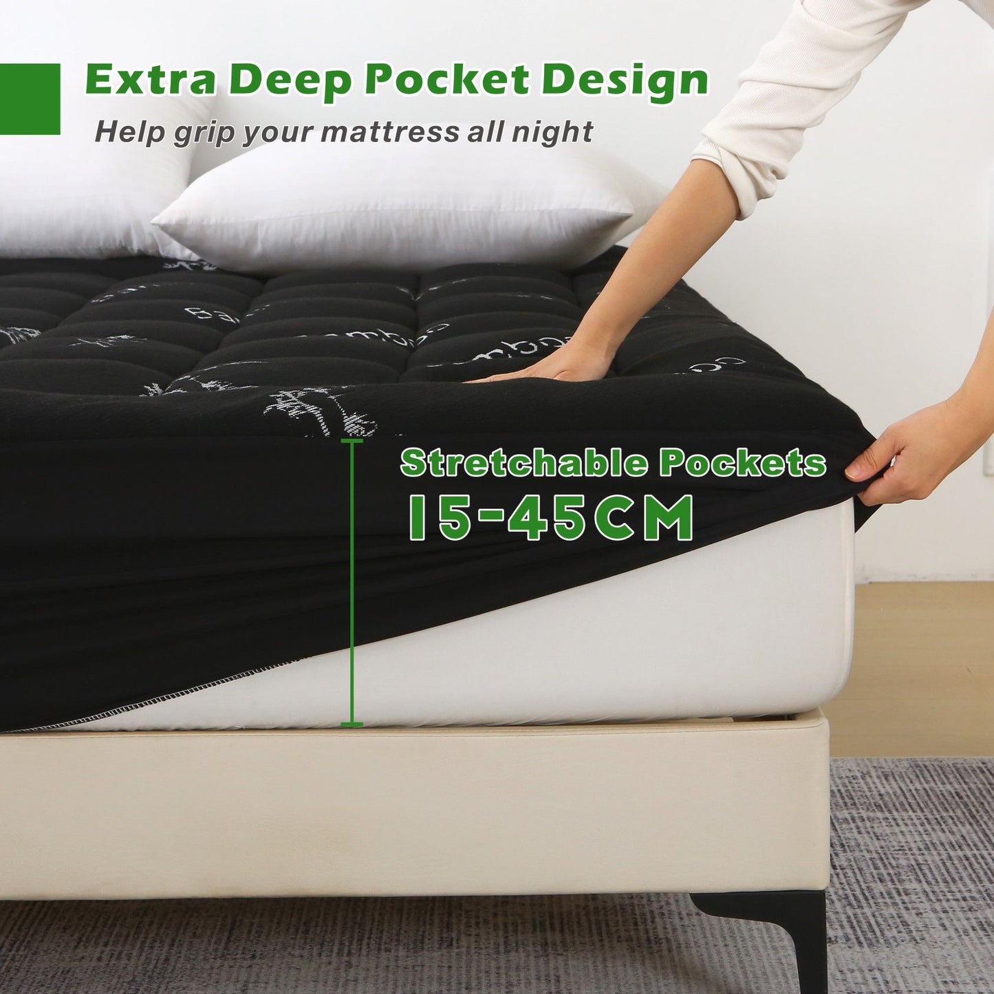 800GSM Mattress Topper Viscose Derived from Bamboo, Thick Pillowtop Fitted Mattress Cover with 45cm Deep Skirt - Machine Washable Hypoallergenic(Double,Black)
