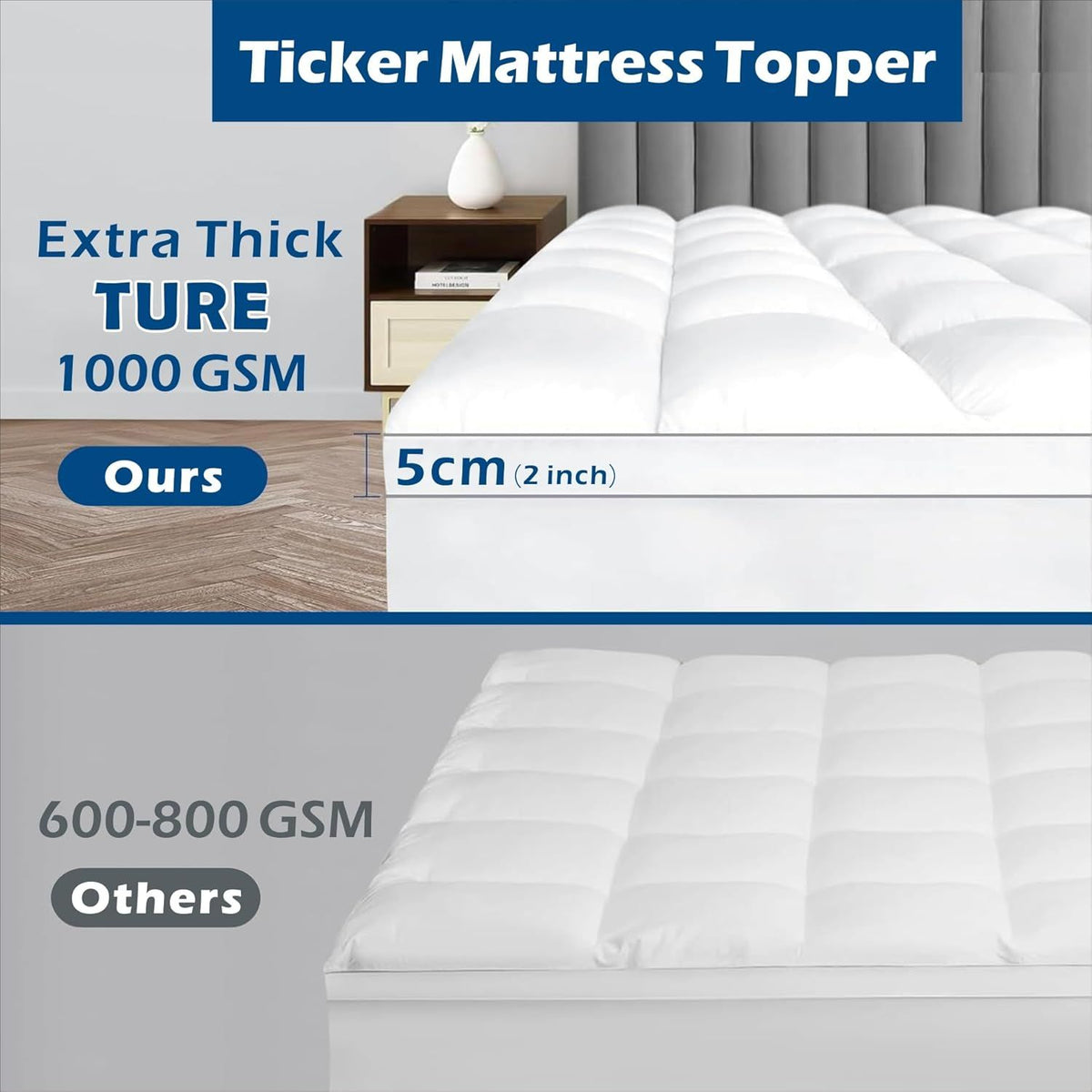 1000GSM Mattress Topper Viscose Derived from Bamboo, Thick Pillowtop Fitted Mattress Cover with 45cm Deep Skirt - Machine Washable Hypoallergenic(Super King,Black)