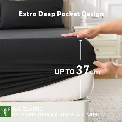 3 Piece Hotel Bamboo Cooling Fitted Sheet Set & Pillowcase -Ultra Soft 2000TC Breathable Fitted Bed Sheets Set with 37 Centimetre Deep Pocket-Cooling Sheets for Hot Sleepers(Black,Double)