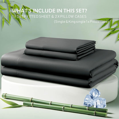 3 Piece Hotel Bamboo Cooling Fitted Sheet Set & Pillowcase -Ultra Soft 2000TC Breathable Fitted Bed Sheets Set with 37 Centimetre Deep Pocket-Cooling Sheets for Hot Sleepers(Black,Double)