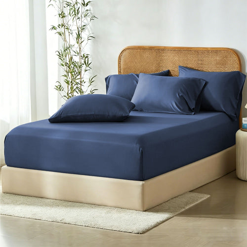 3 Piece Hotel Bamboo Cooling Fitted Sheet Set & Pillowcase -Ultra Soft 2000TC Breathable Fitted Bed Sheets Set with 37 Centimetre Deep Pocket-Cooling Sheets for Hot Sleepers(Navy,Double)