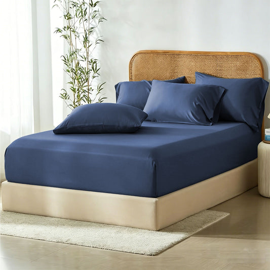 3 Piece Hotel Bamboo Cooling Fitted Sheet Set & Pillowcase -Ultra Soft 2000TC Breathable Fitted Bed Sheets Set with 37 Centimetre Deep Pocket-Cooling Sheets for Hot Sleepers(Navy,Double)