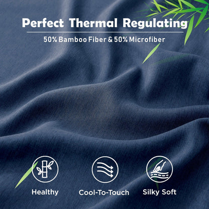 3 Piece Hotel Bamboo Cooling Fitted Sheet Set & Pillowcase -Ultra Soft 2000TC Breathable Fitted Bed Sheets Set with 37 Centimetre Deep Pocket-Cooling Sheets for Hot Sleepers(Navy,Double)