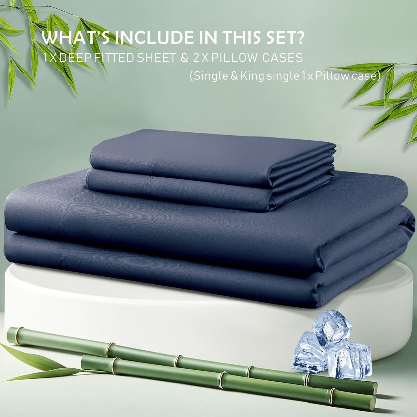 3 Piece Hotel Bamboo Cooling Fitted Sheet Set & Pillowcase -Ultra Soft 2000TC Breathable Fitted Bed Sheets Set with 37 Centimetre Deep Pocket-Cooling Sheets for Hot Sleepers(Navy,Double)