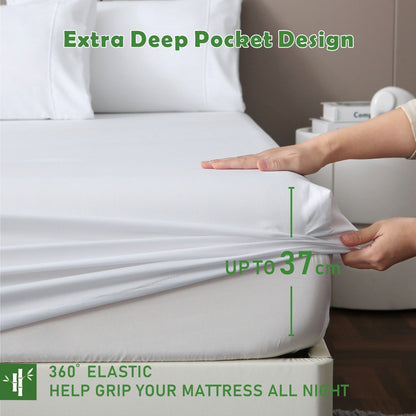 3 Piece Hotel Bamboo Cooling Fitted Sheet Set & Pillowcase -Ultra Soft 2000TC Breathable Fitted Bed Sheets Set with 37 Centimetre Deep Pocket-Cooling Sheets for Hot Sleepers(White,King)