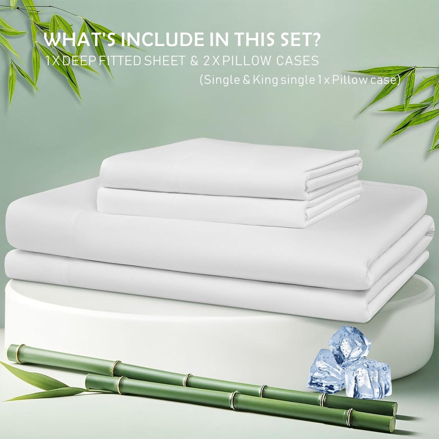 3 Piece Hotel Bamboo Cooling Fitted Sheet Set & Pillowcase -Ultra Soft 2000TC Breathable Fitted Bed Sheets Set with 37 Centimetre Deep Pocket-Cooling Sheets for Hot Sleepers(White,King)