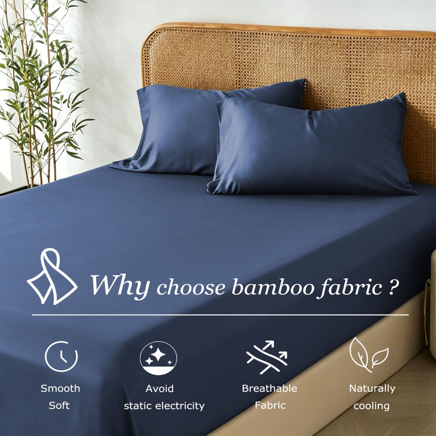 3 Piece Hotel Bamboo Cooling Fitted Sheet Set & Pillowcase -Ultra Soft 2000TC Breathable Fitted Bed Sheets Set with 37 Centimetre Deep Pocket-Cooling Sheets for Hot Sleepers(Navy,King)