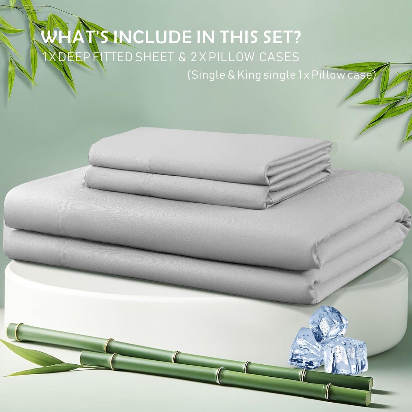 3 Piece Hotel Bamboo Cooling Fitted Sheet Set & Pillowcase -Ultra Soft 2000TC Breathable Fitted Bed Sheets Set with 37 Centimetre Deep Pocket-Cooling Sheets for Hot Sleepers(Silver-gray,King)