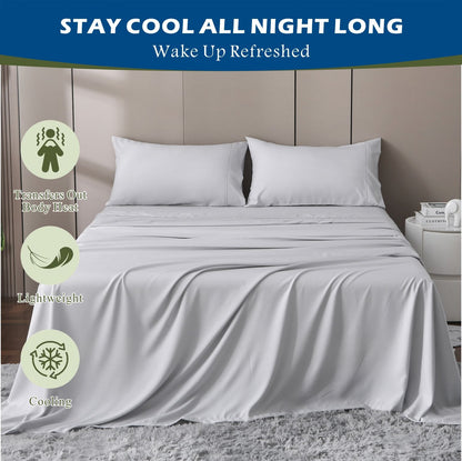 4 Piece Hotel Bamboo Cooling Sheet Set -Ultra Soft 2000TC Breathable Bed Sheets Set with 37 Centimetre Deep Pocket-Cooling Sheets for Hot Sleepers(Silver-gray,King)